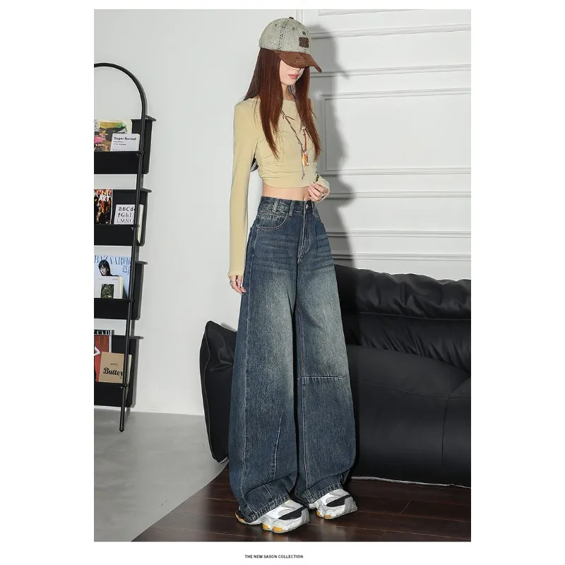 

Широкие джинсы с высокой талией, женские свободные брюки для похудения, осенние новые женские джинсовые брюки в стиле ретро, женские брюки в пол