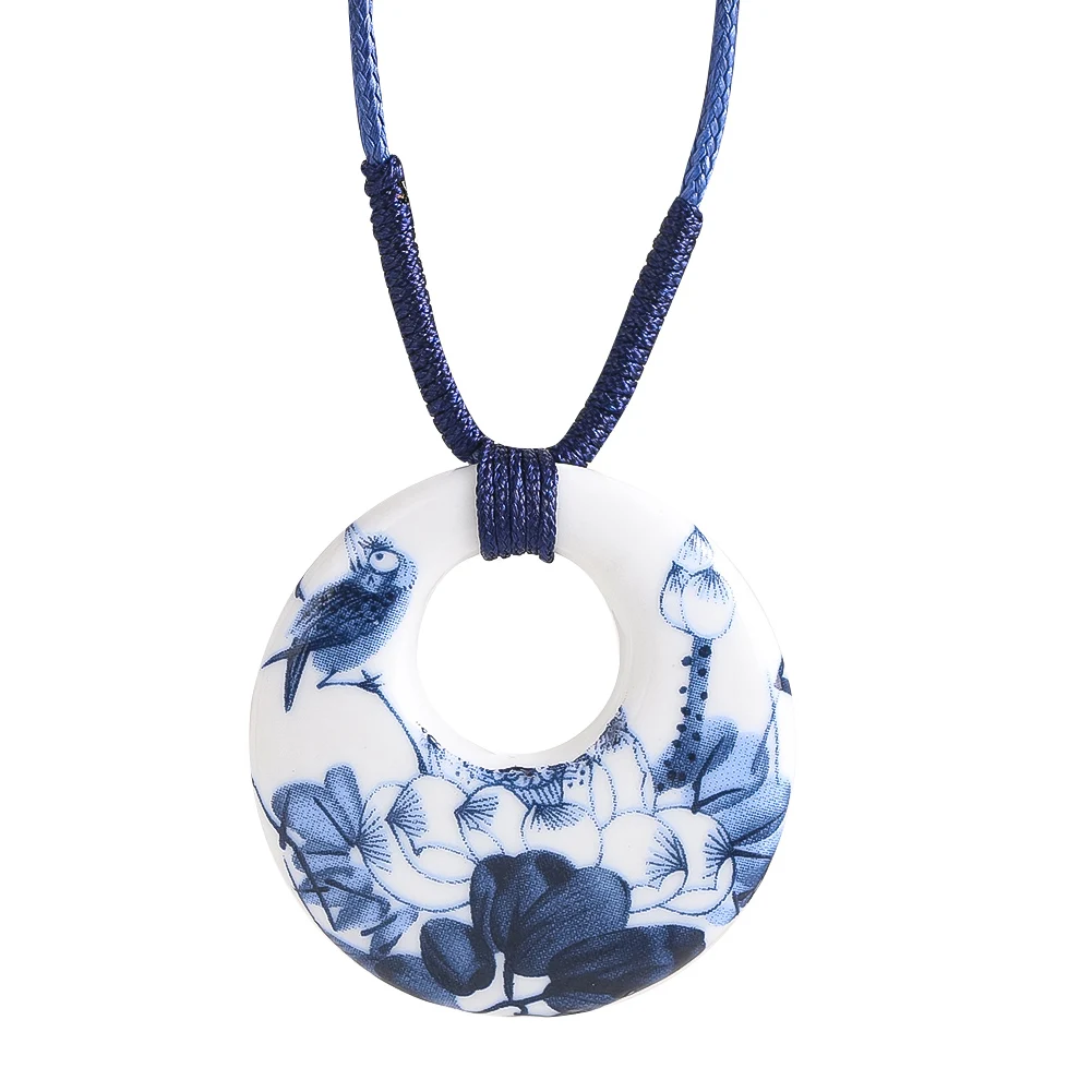 Blue and White Porcelain Pendant Necklace Bird And Lotus Flower Single Sided Adjustable Chain Women's Ethnic Jewellery