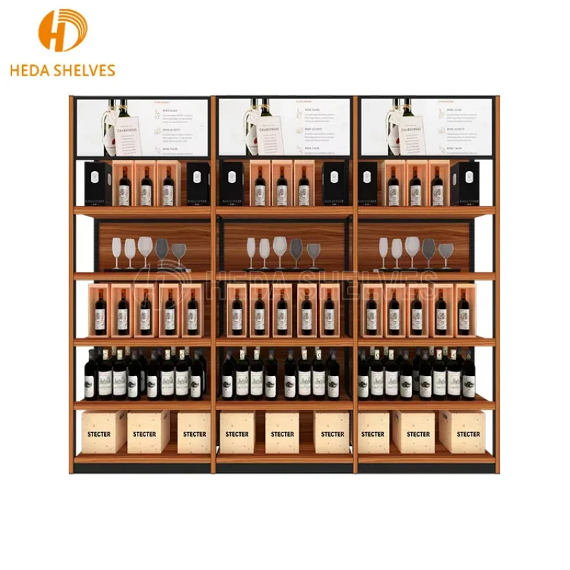 custom.High-Grade Modern Design Wooden Glass Display Rack Supermarket Shelf Retail Store Wine Cabinet With Light Winery