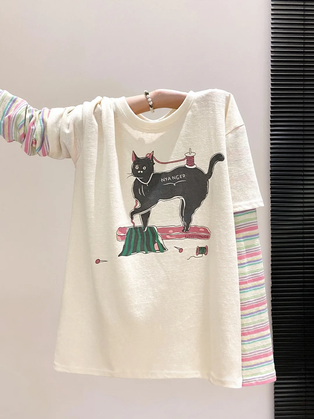 Loose Long Sleeve Printed T-Shirt Women's Summer New Style Casual Cartoon Black  Print Top Fake Two-Piece Striped Patchwork