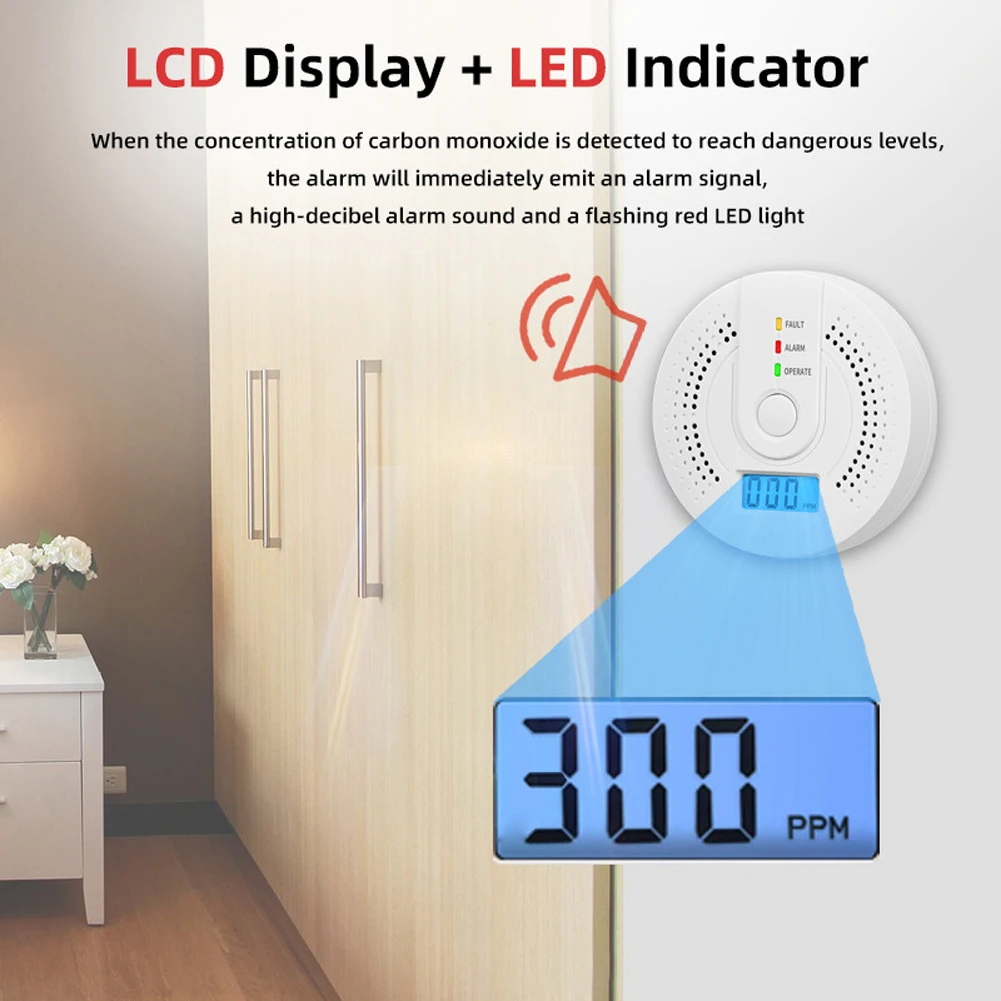 Rilevatore di monossido di carbonio Allarme monitor gas CO Rilevatore sensore CO alimentato a batteria con display digitale a LED per la casa, test di deposito