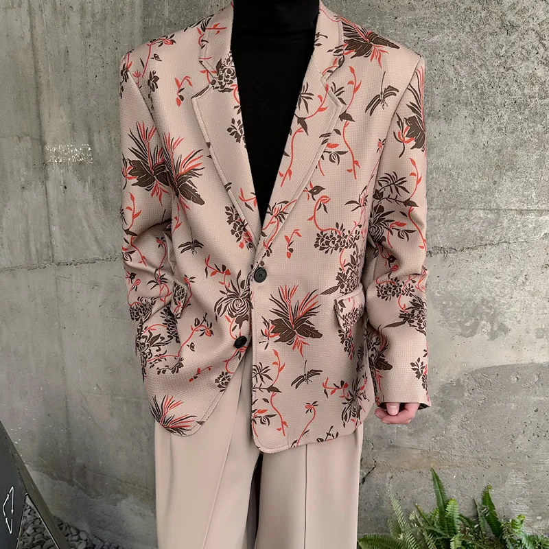 Men Flower Print Loose Casual Streetwear Fashion Vintage Blazers Suit Jacket Man Korean Net Celebrity Blazer Coat Stage Clothes