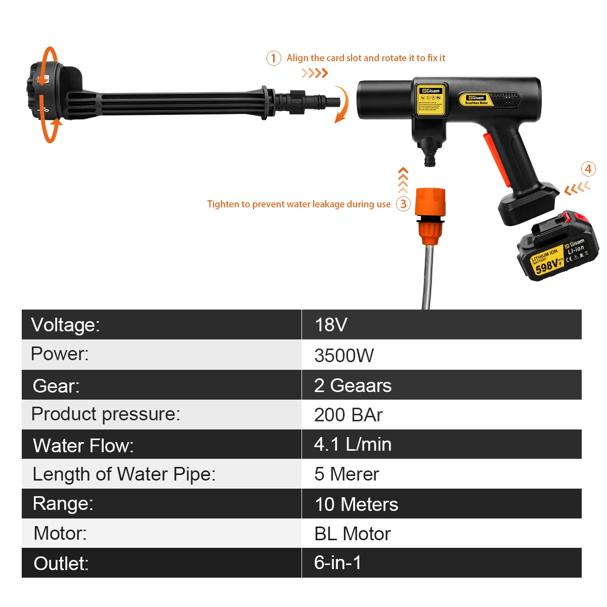 Gisam 200Bar 브러시리스 전기 고압 세척기 Makita 18V 배터리 핀용 6-in-1 세차 정원 물총 스프레이 건