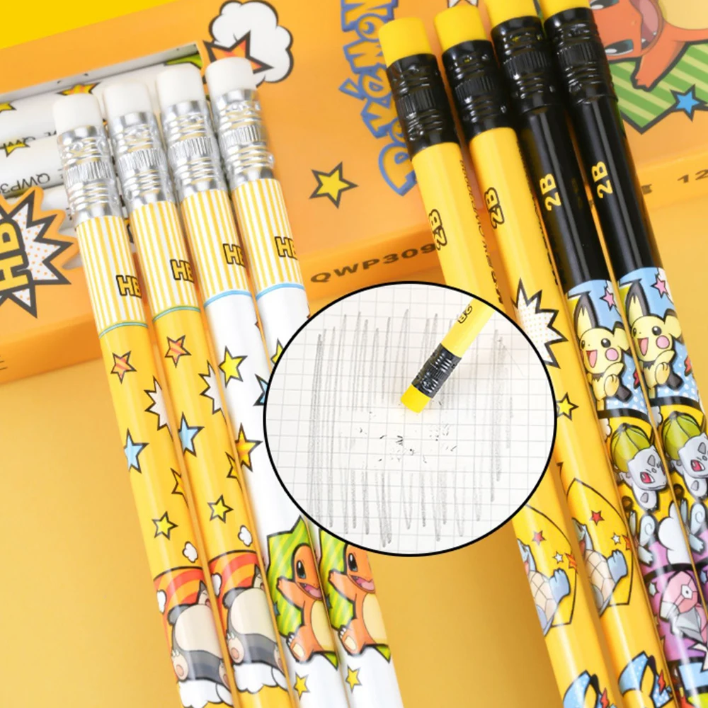 12Pcs Pokemon Pikachu Anime Figure Cartoon 2B/HB Pencil Student Stationery School Supplies Pencils Children Birthday Gift