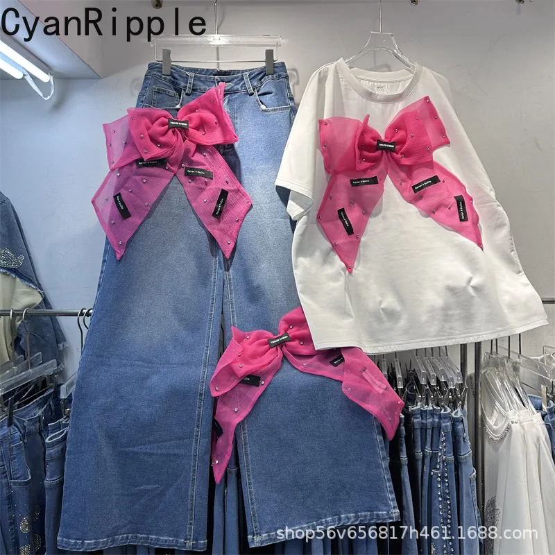 

Trendy New Spring Summer Women Two-piece Set Diamonds Pink Bow White Short Sleeve T-shirt Top + High Waist Loose Wide Leg Jeans
