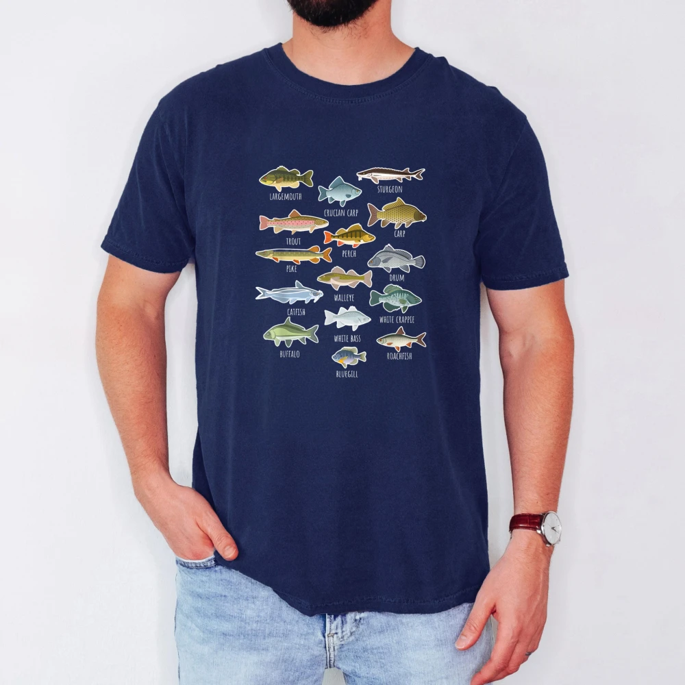 Freshwater Fish Species Chart Graphic T Shirt Angler Fishing Print Men's Tee Cotton Short Sleeve Outdoor Fisherman Hobby Tops