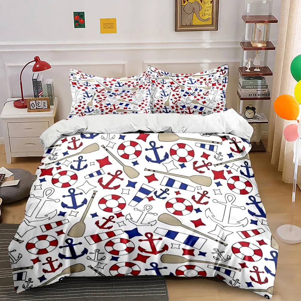 Bettbezug-Set mit dekorativem Muster und nautischen Elementen, bedruckt, 1 Bettbezug + 2 Kissenbezüge, Bettwäsche-Dekor für Schlafzimmer in verschiedenen Größen