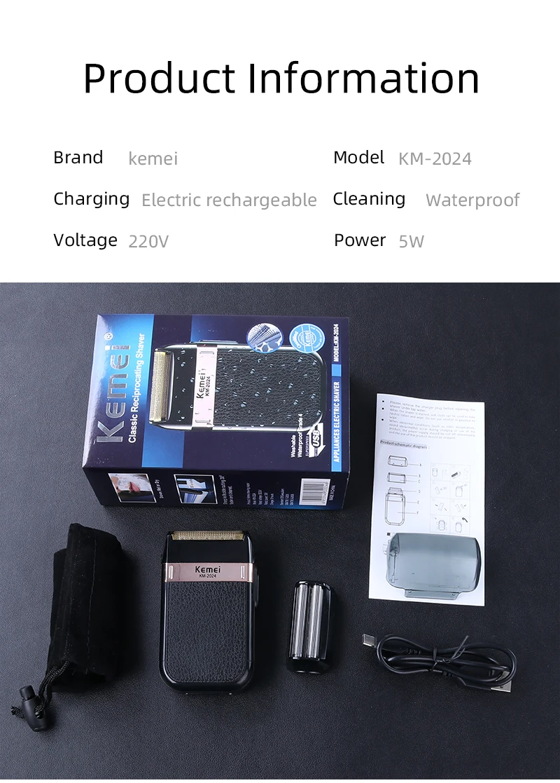 Kemei KM-2024 Elektrorasierer für Männer, kabelloser Rasierer mit zwei Klingen, wiederaufladbar, USB-Rasiermaschine, Friseur-Trimmer – Detail 8