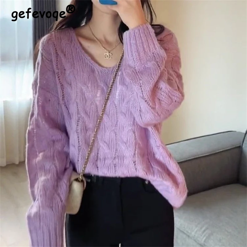 Autumn Winter Women Trendy Casual Streetwear Hollow Chic Knitted Sweater Y2K Female Solid V Neck Long Sleeve Loose Pullover Tops