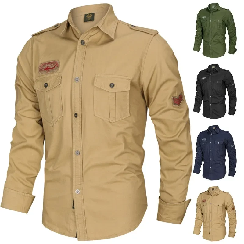 Chemise en coton à manches longues pour hommes, chemise à boutons, manteau de jeu en plis, vert armée, doux, confortable, mince, revers, automne, nouveau