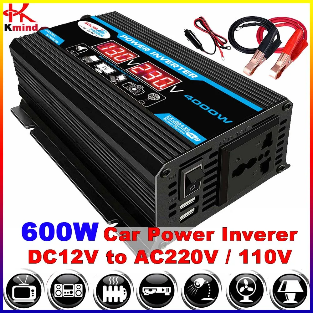 

Car Power Inverter 12v to 220v 110v 230v Peak 600W Protection 4000W Sine Wave Solar Converter with Voltage Display USB Charge