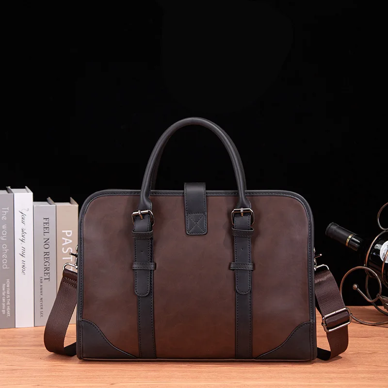 Men Leather New Trendy Business Office Handbag Document Bag Men's Retro Single Shoulder Crossbody Briefcase Messenger Bag