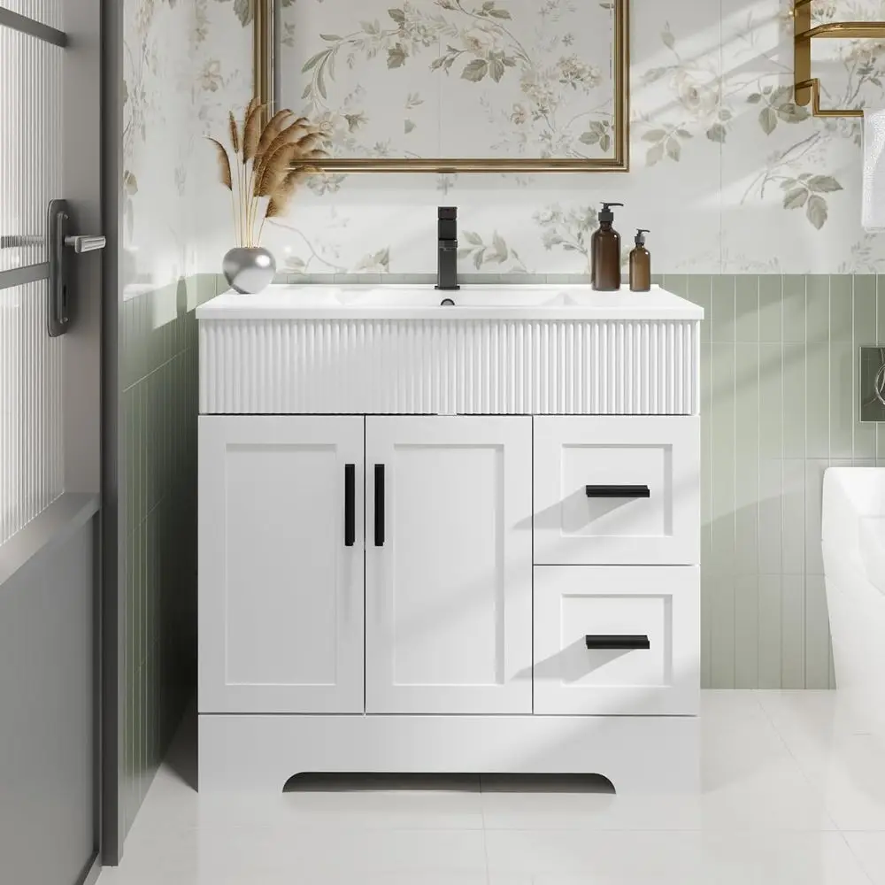 

36 Bathroom Vanities Sink Combo with Painted Surface, Decorated Cabinet W/Wave Lines, Undermount Single Sink, Matte Black Faucet