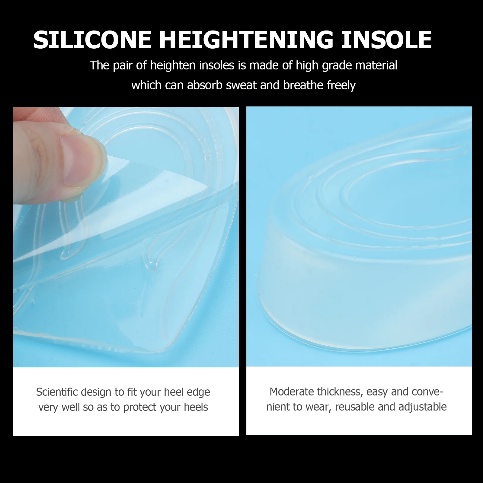 

2Pairs Invisible Inner Height Insoles Silicone Heel Cushions Transparent Comfortable Breathable Shock Absorbing Wearable Foot