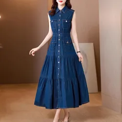 TIYIHAILEY-Long Mid-Calf Sleeveless Denim Dresses, Single Breasted Dresses, Chinese Style, New, M-4XL, 2026 Blue