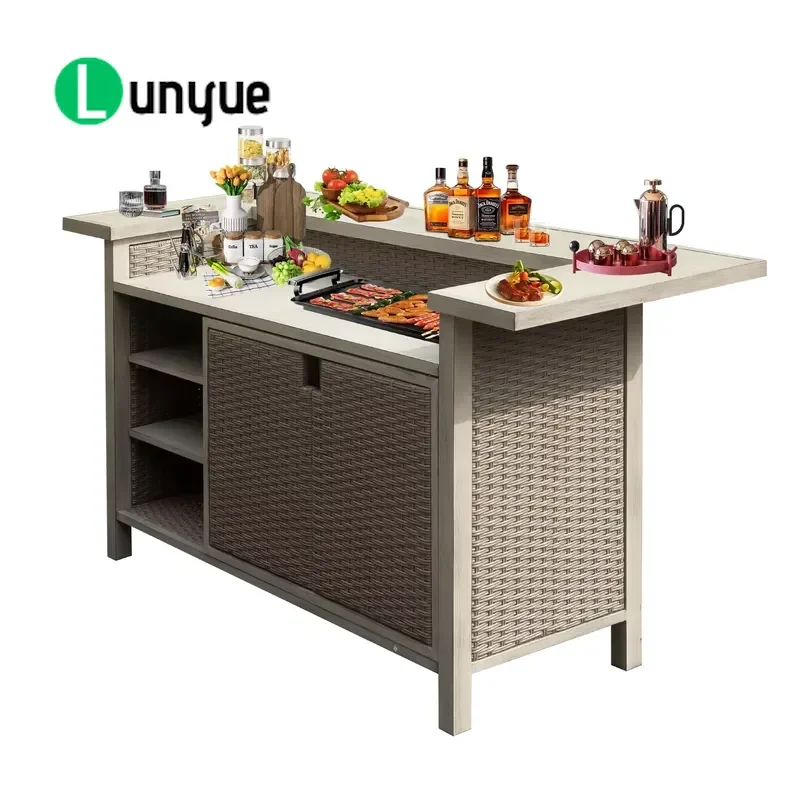 Outdoor Aluminum Polyethylene Wicker Bar Table Kitchen Cart Wood Grain Finish 24/7 Storage for Restaurant Park Patio Use