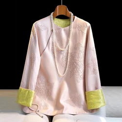Spring Autumn Women High Quality Vintage Chinese Style Embroidery Shirts Elegant Chic Sweet Pink Blouses Long Sleeve Loose Tops