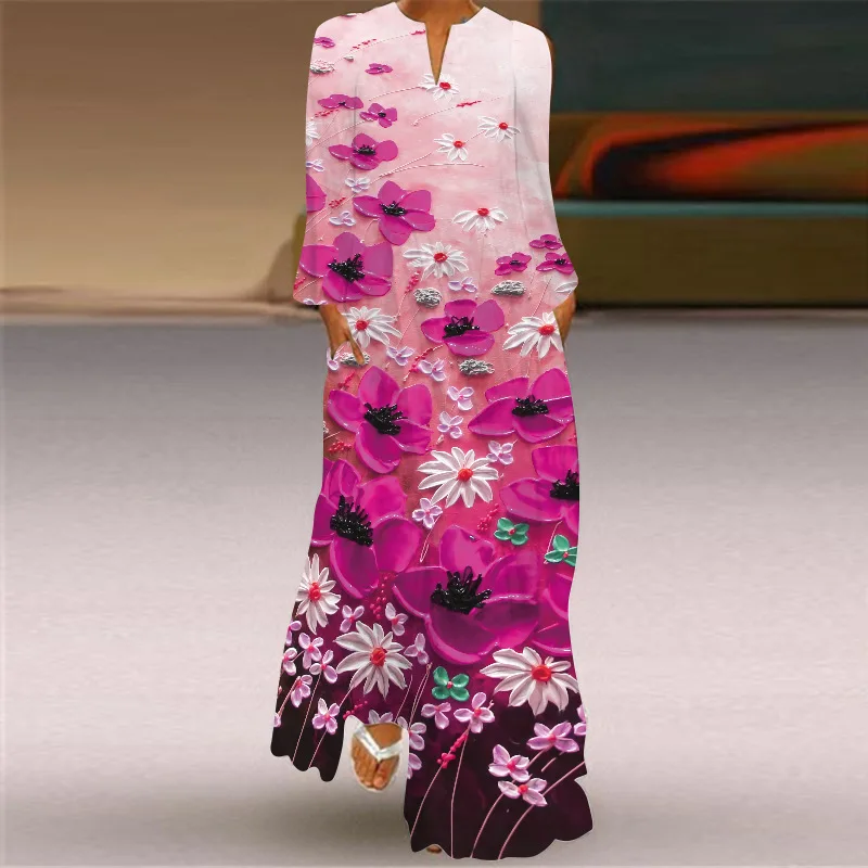 2024 Summer New Women's Retro Butterfly Printed Long Skirt V-neck Long Sleeve Plug In Summer Dress Set With Large Swinging Head