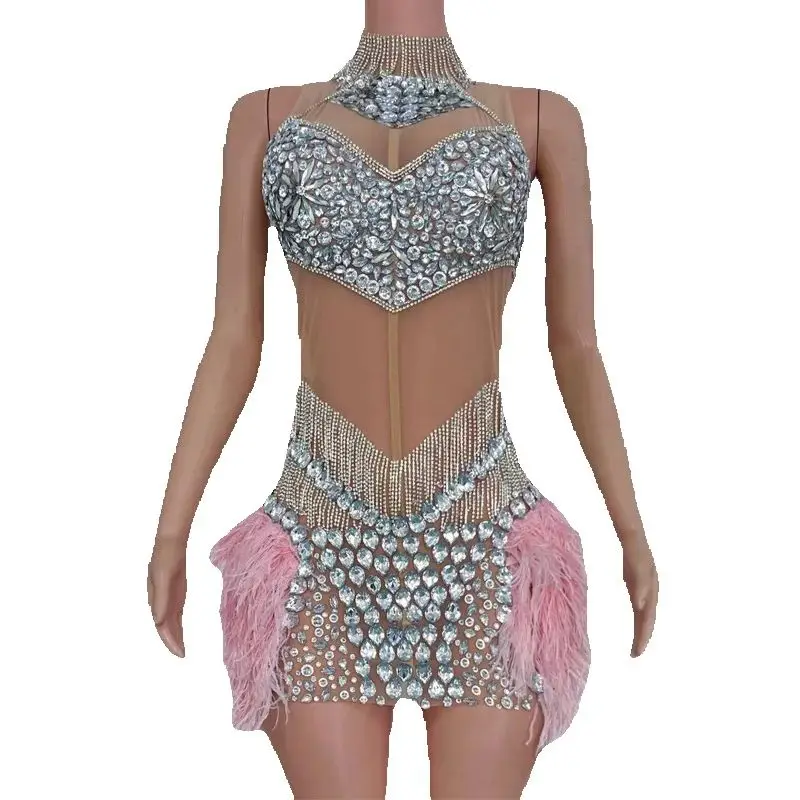 Strój na rave sceniczny, seksowna sukienka z siateczki, zdobiona dżetami i piórami, kostium do tańca jazzowego dla kobiet, strój klubowy, DJ, bar, sukienki na imprezę Gogo, XS10410