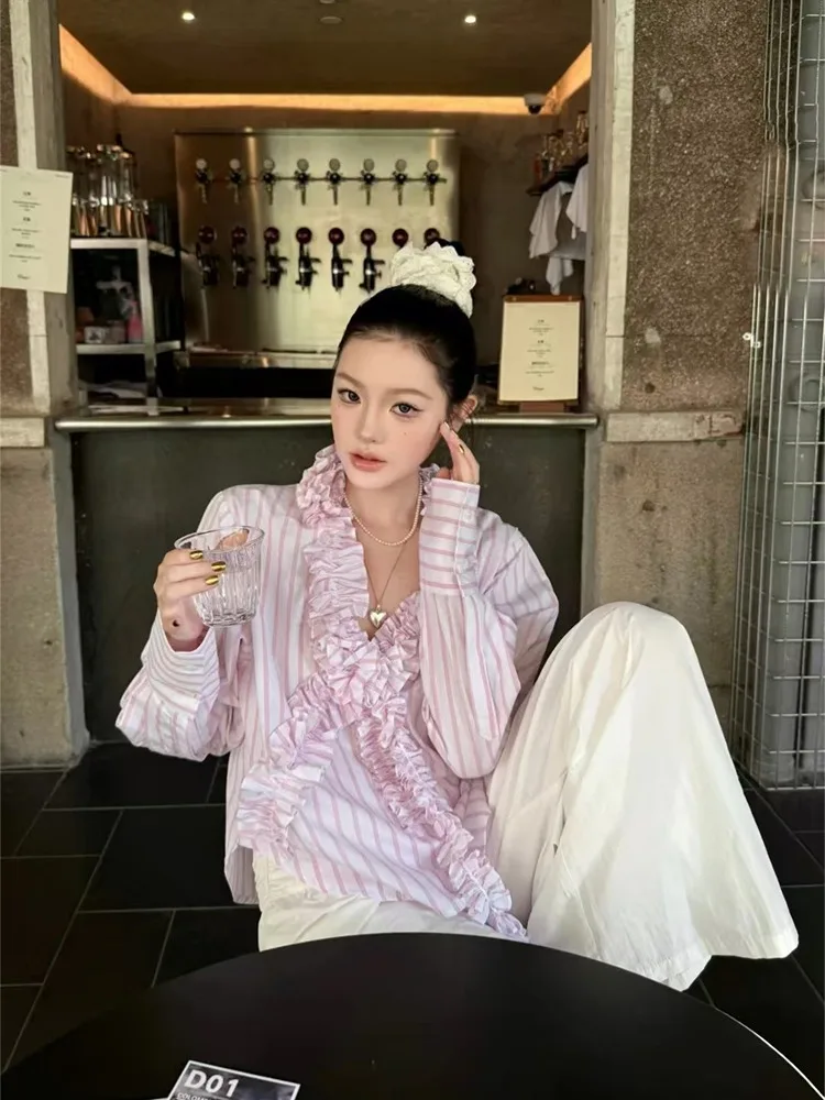 

Свободный женский топ в полоску пастельно-розового цвета с 3D-эффектом под дерево, V-образный вырез, весна-лето, повседневный, для защиты от солнца, в корейском стиле, для работы и отдыха