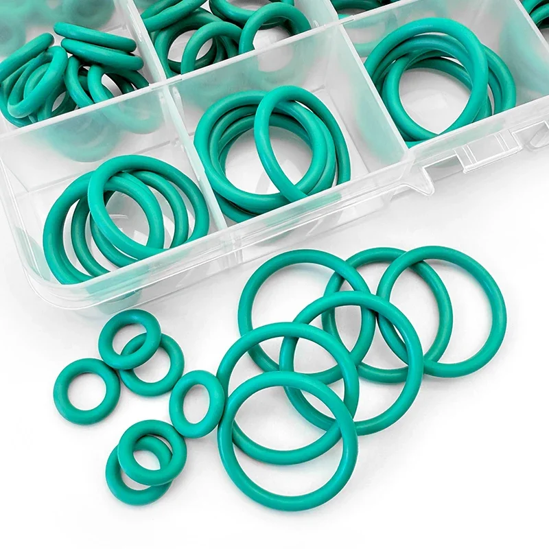 Industrial Green FKM O Ring Kit 225Pcs CS1.9mm Acid Alkali Corrosion Resistant Sealing Gasket Pipeline Machinery Repair Parts