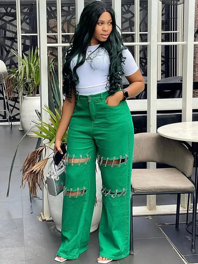 Fashion Hollow Out Chain Stitching Denim Pants Autumn Clothing Women High Waist Straight Jeans Casual Denim Trousers Jean Pants