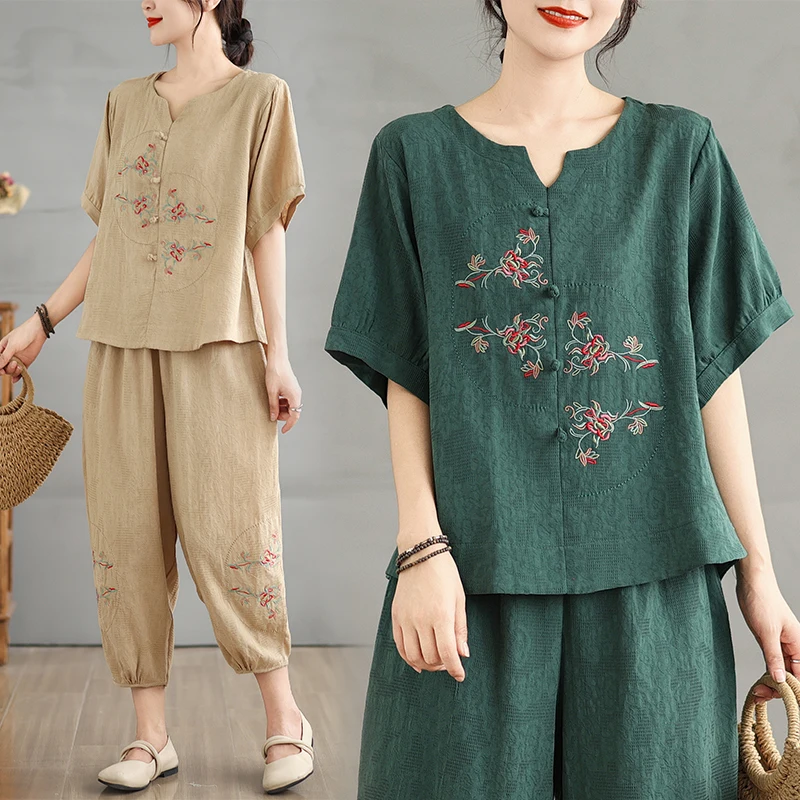Lässiges zweiteiliges Harlan-Set aus Baumwollleinen für Damen, Sommer-Faion-Ensemble, V-Ne-Teilige Hose, Svel-Weste für Mama