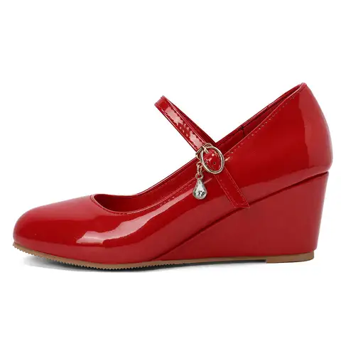 Patent PU Leather Round Toe Wedges High Heels Purple Red Blue Women Mary Janes Big Size 45 47 48 46 Mature Ladies Pumps Shoes