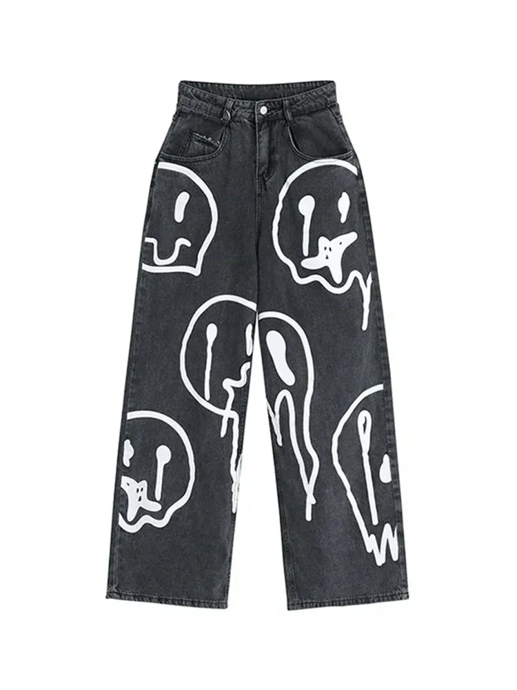 

Fashion Women's Hip-Hop Printed Washed Jeans Korean Loose Casual Women Denim Wide Leg Pants Spring New Yk2 Versatile Trend