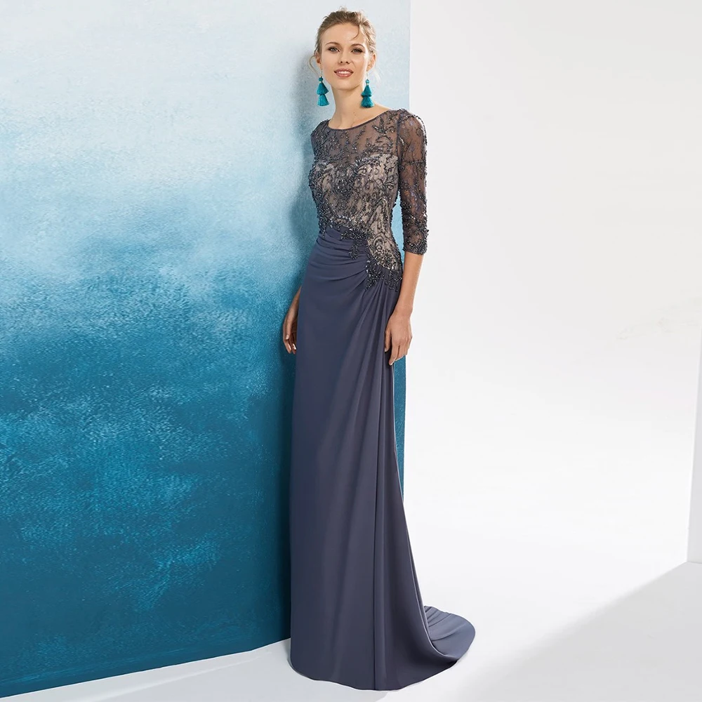 Customized Evening Dresses for Woman Luxury Jersey Sheath Mother of the Bride Dresses Navy Blue O-Neck Beads Lace Prom Dresses