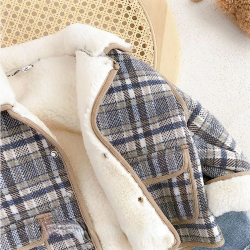 Winter Kids Fleece Warm Jackets Boys Plaid Outerwear 0-6Y Young Children Clothing Autumn Girls Thick Coats Turn-down Collar Tops