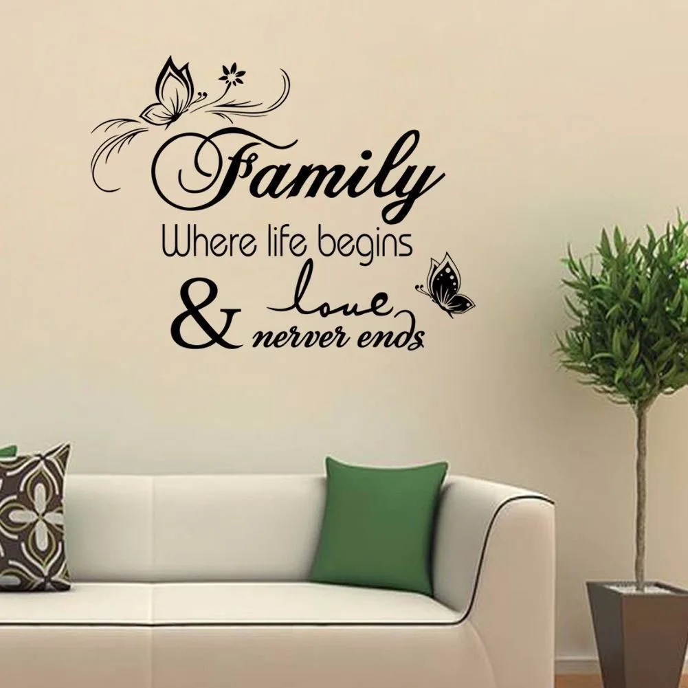 Nature-Infused Family Quote Decal with Flowing Butterfly Vines for Living Room Bedroom or Hallway Wall Styling