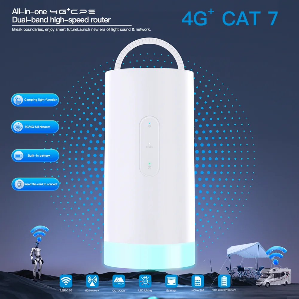 

4G CAT7 300M Router Colorful Camping Lamp WIFI 2.4+5.8GHZ Outdoor LTE Hotspot with 10000mAh battery CAF902