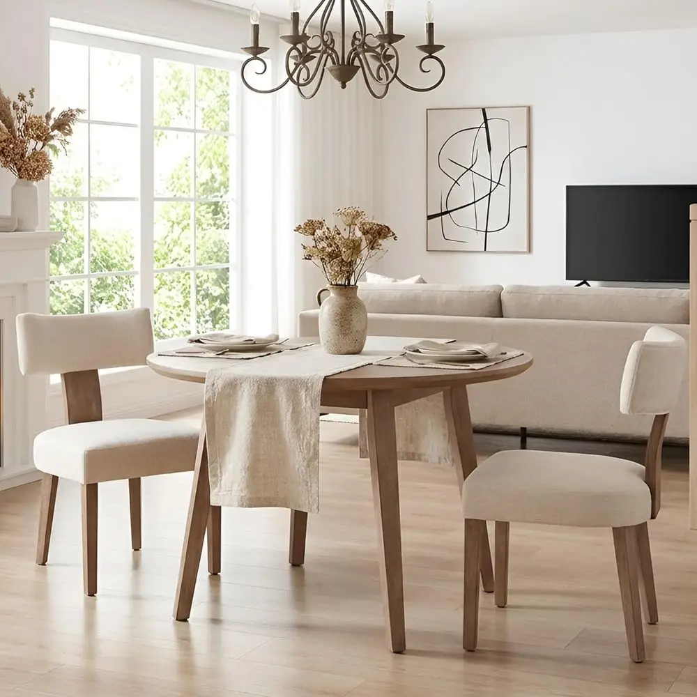 Linen-Upholstered Curved Back Dining Chairs Set of 2, Hardwood Legs, Beige