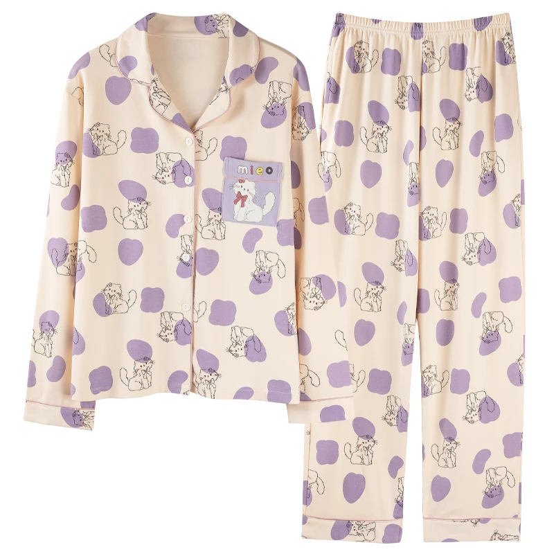 Big Size M-3XL Spring and Autumn Women knited Cotton Sleepwear Female Turn-down Collar Long Sleeve Pajamas Set 4