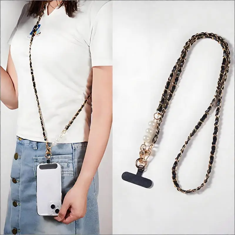Luxuriöse Universelle Handy-Umhängetasche aus Leder mit Perlen-Accessoires, Handy-Lanyard, Diagonale Kreuztasche zur Dekoration – Detail 1