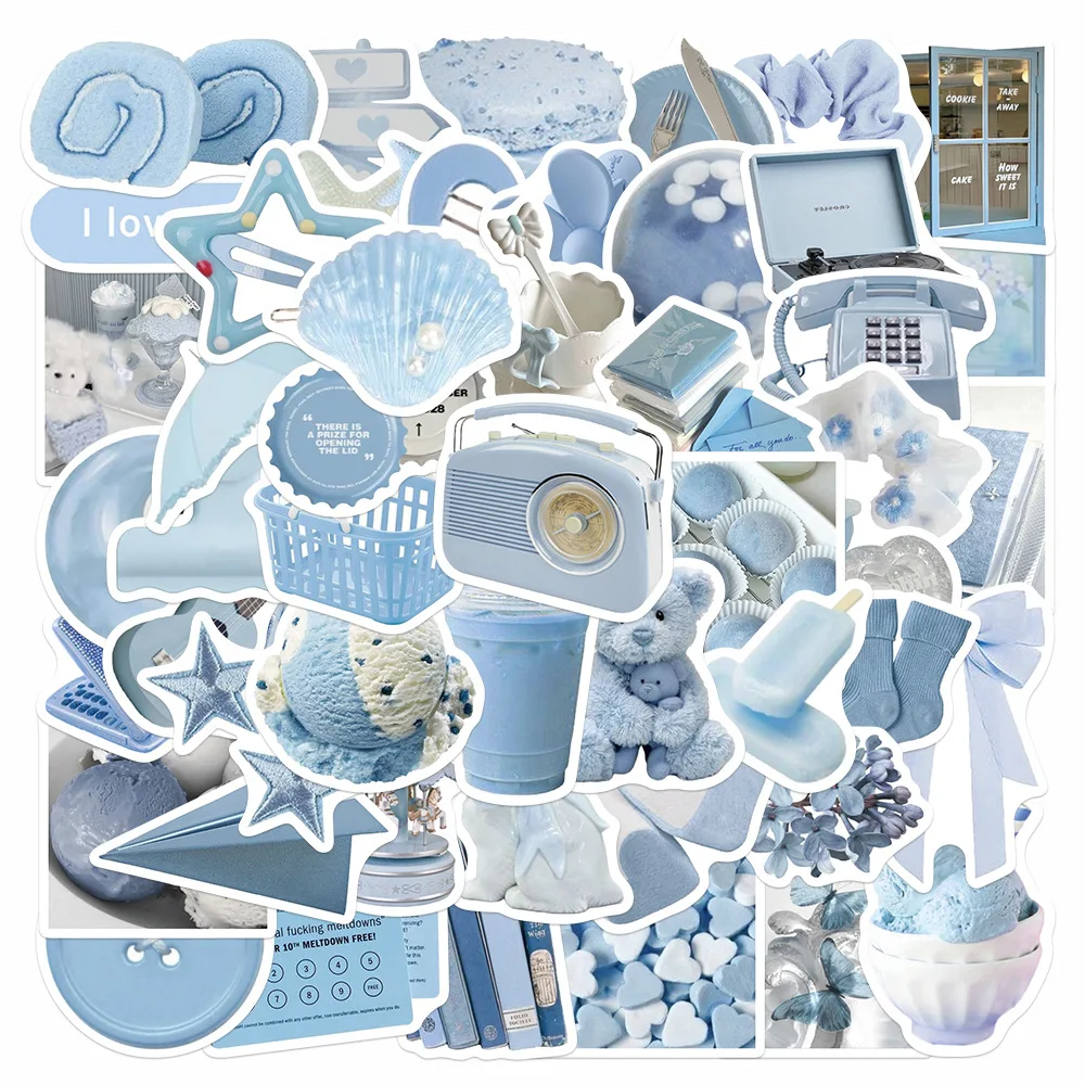 50 Stück Niedliche Blaue INS Cartoon Ästhetische Aufkleber Vinyl Wasserfest für Laptop Handyhülle Notizbuch Flasche DIY Sticker