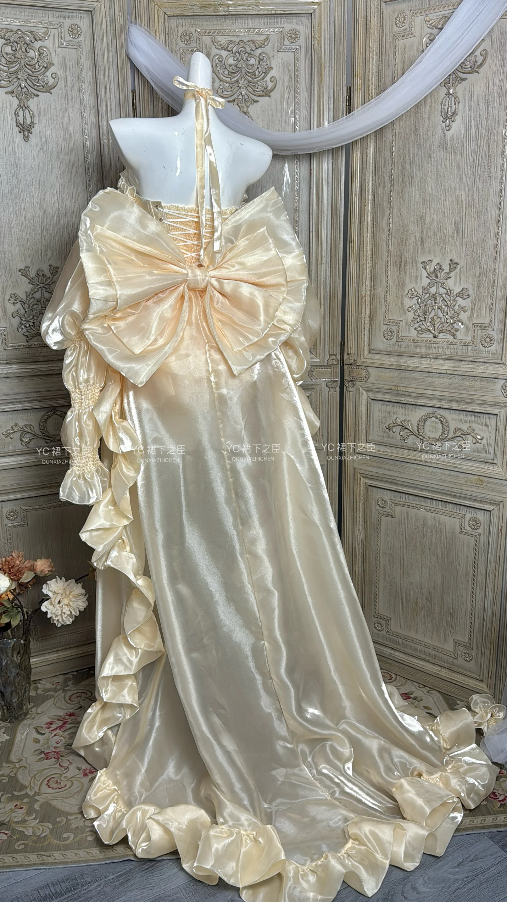 Abito da banchetto per cerimonia di compleanno di arrivo, gonna da principessa gonfia, top + gonna pantaloni + fiocco grande coda