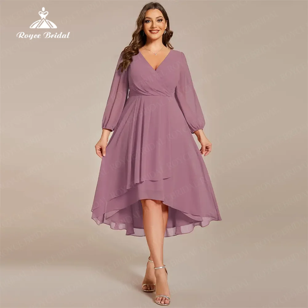 Simple Plus Size A Line Bridesmaid Dress Chiffon V Neck Long Sleeves High Low Pleated For Wedding Reception vestidos de gala