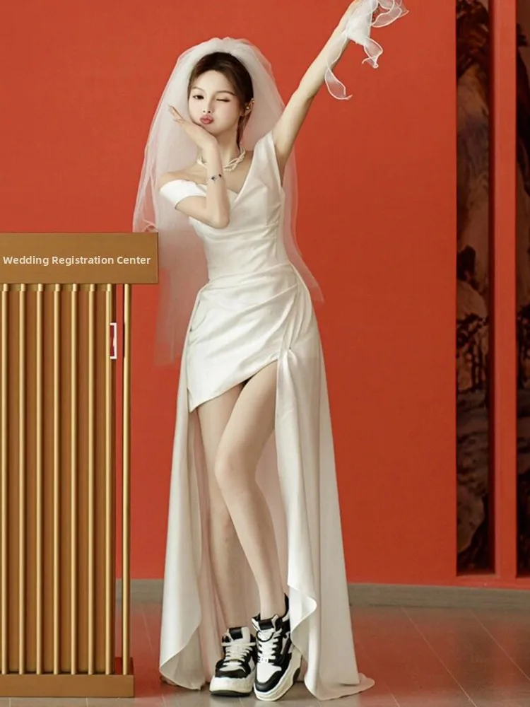 

ort Satin One oulder Wedding Dr Ele Simple Sle Bridal Gown White Color for Small Stature Women ort Length