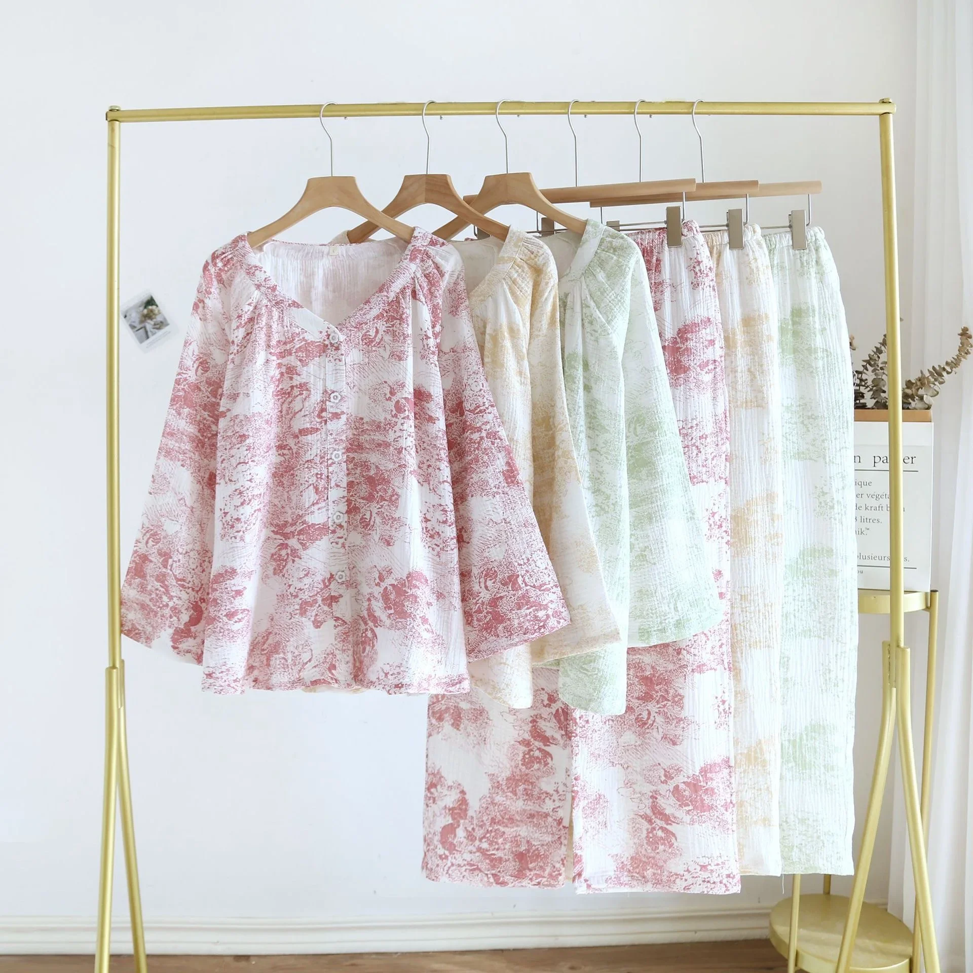 

Spring/Autumn Double Layer Yarn 100%Cotton Pajamas Women's Long Sleeved Pants Two Piece Set V-neck Sleepwear