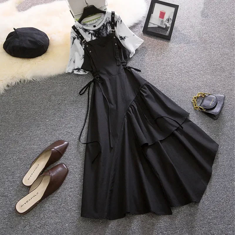 Women\'s Black Sling Dress Suit Female 2021 New Summer Waist Skirt  Two-piece Suit