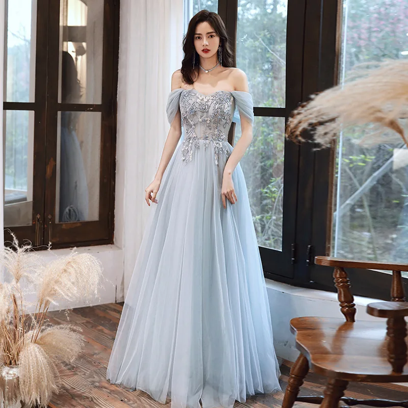 Blau bestickte Pailletten Aufkleber Tull Kleid Bar Mizwa Kleid verträumt wunderschöne Fee Prinzessin Kleid neue formelle Party kleid