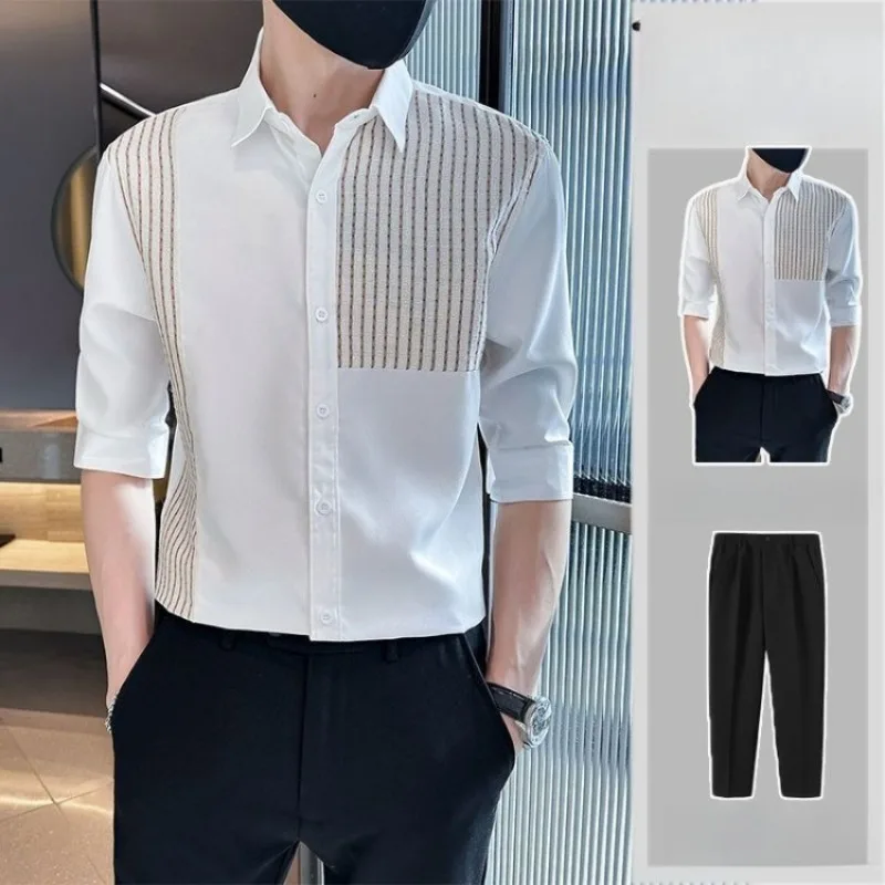 

​Men's Shirt Set Patchwork Striped Trendy Slim Fit Three Quarter Sleeve Cool Stylish Summer Premium Casual​