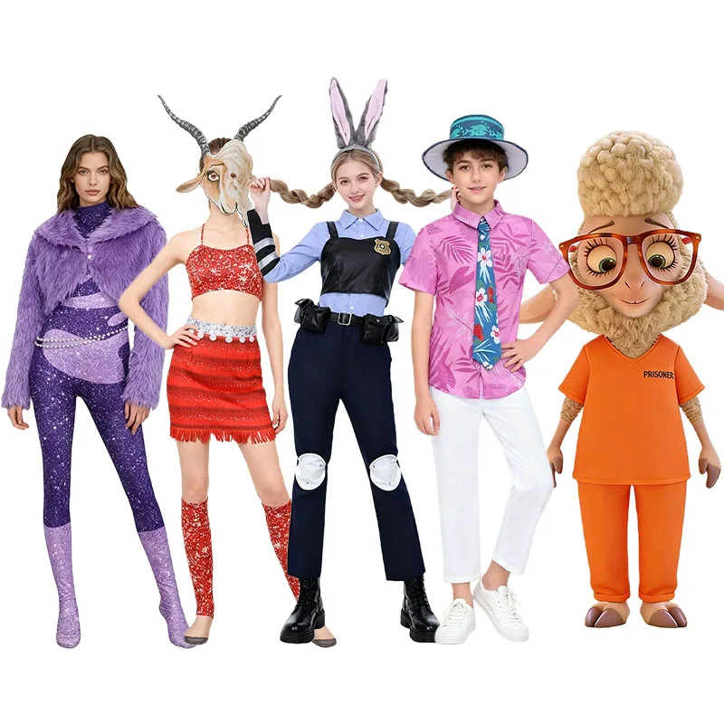 Zootopia Cosplay-Kostüme Judy Hopps Nick Wilde Gazelle Bellwether Halloween-Karnevalsoutfits für Erwachsene und Kinder zum Verkleiden auf Partys