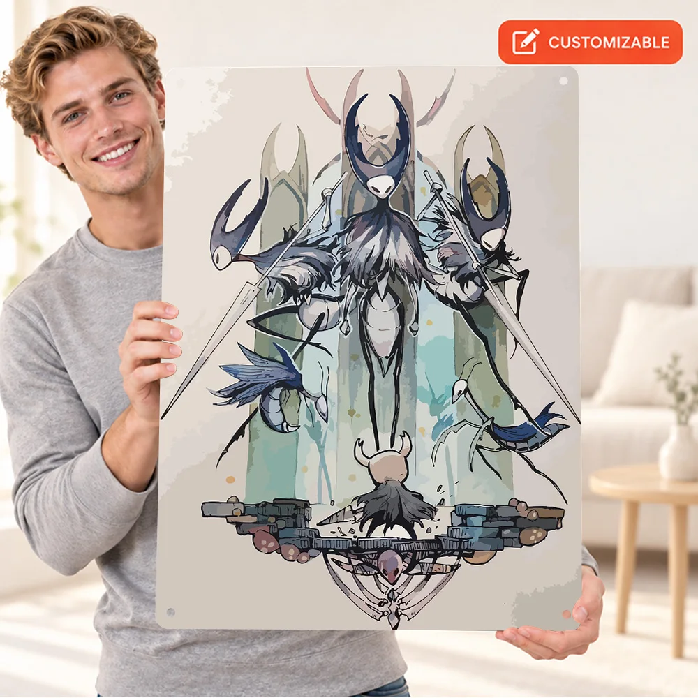Hollow Knight Boss Fight Game Textured Metal Poster Personalized Aluminum Sign Monochrome Design Wall Art For Bedroom Gamer Gift