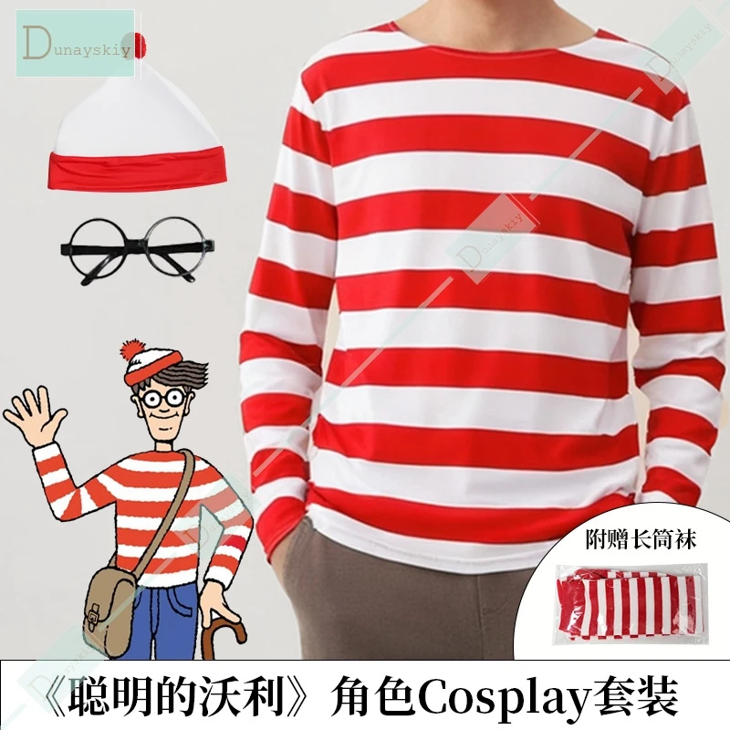 Wheres WaldoO Striped Shirt Youth Boys Wally Costume Shirt Glasses and Hat Socks Unisex Adults Halloween Cosplay Costume