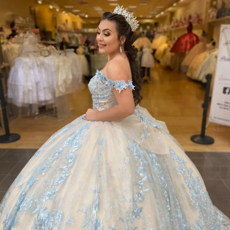 EVLAST Personalizzato Champagne Principessa Abito di Sfera Abito stile Quinceanera con Spalle Scoperte Applique in Pizzo Dolce 16 Abiti da 15 Anos TQD041