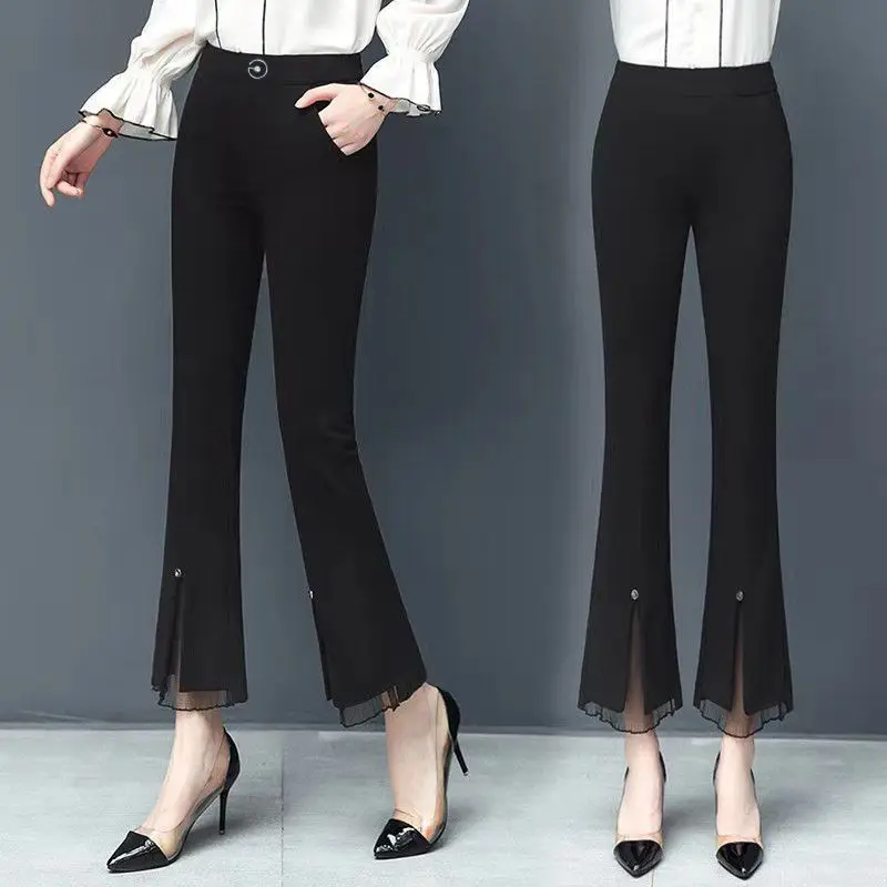 Summer Casual Patchwork Black High Waist Flare Ladies Fashion Lace Elastic Waist Trousers Femme Simplicity Slim Thin Pants Femme