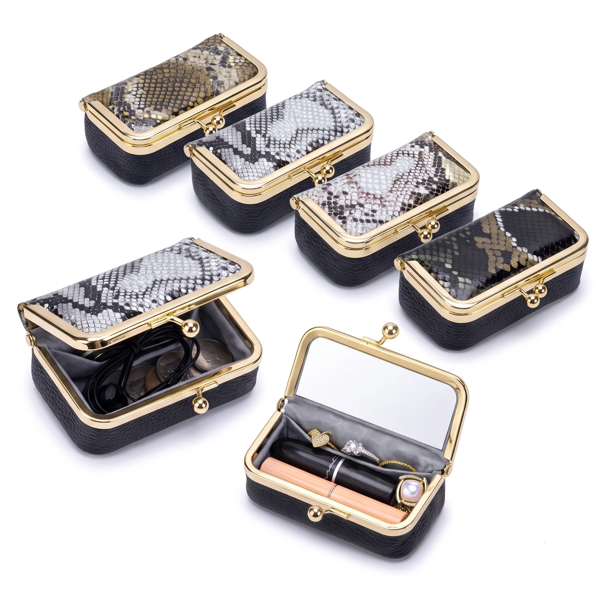 Mini Portable Snake Print Lipstick Organizer Case Multi-functional Small Makeup Bag with Mirror Travel Cosmetic Storage Pouch